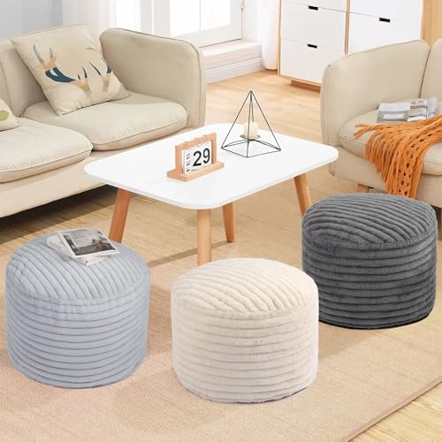 Round Stuffed Pouf Ottoman Foot Rest for Couch Round Ottoman with Foam Chunk Filling Stripe Faux Fur Ottomans for Living Room Floor (26"x18",Light Grey)