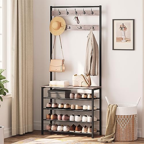 HOOBRO Hall Tree, Coat Rack with Shoe Rack, Hall Tree with Bench, 5 Tier Shoe Storage Organizer with 9 Hooks for Entryway, Closet, Sturdy, Industrial, Greige and Black BG80MT01G2