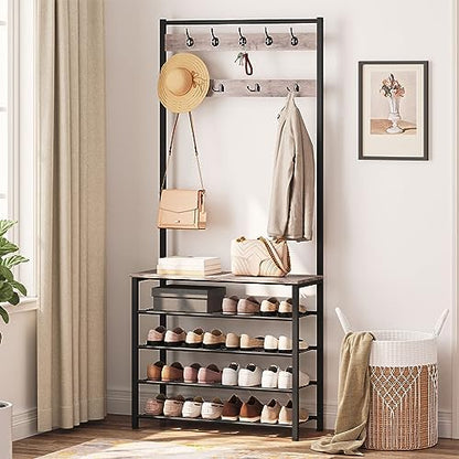 HOOBRO Hall Tree, Coat Rack with Shoe Rack, Hall Tree with Bench, 5 Tier Shoe Storage Organizer with 9 Hooks for Entryway, Closet, Sturdy, Industrial, Greige and Black BG80MT01G2