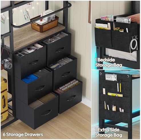 Twin Loft Bed with Desk and 6 Storage Drawers, Loft Bed Twin Size