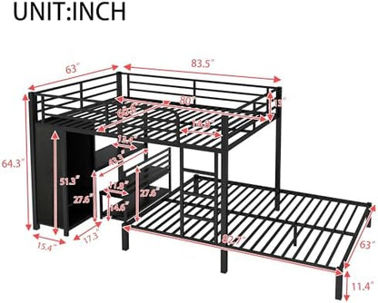 Queen Over Queen Size Metal Bunk Bed Frame with Built-in Wardrobe, Desk and Storage Chairs, Perfect for Kids Teens Adults