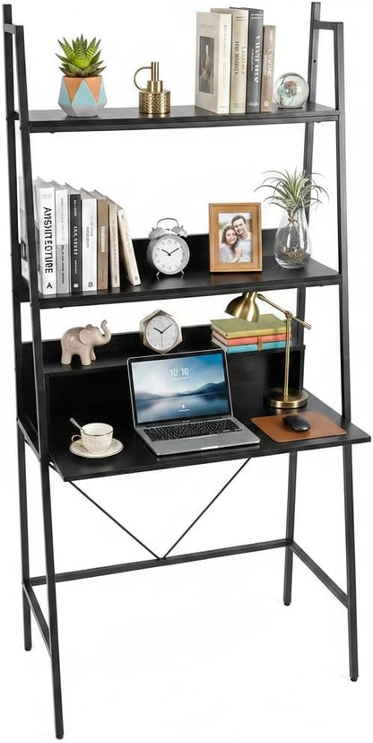 Tangkula 3-Tier Ladder Computer Desk, 71 Inch Modern Writing Desk with Storage Shelves, PC Laptop Workstation, Ladder Bookcase Stand Shelf with Metal Frame, Study Shelf Desk for Home Office (Black)