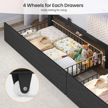 Bunk Bed Twin Over Full with Stairs, Storage Drawers and LED Lights