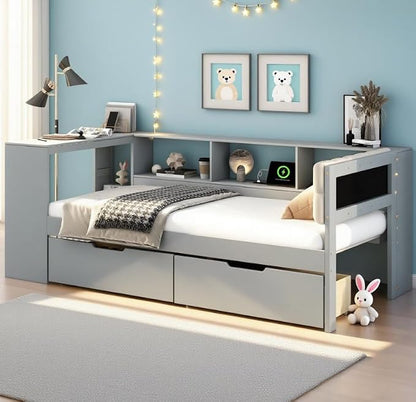 Bellemave Twin Corner Bed Frame with Storage Shelves and Desk, Wood Twin Size Daybed with Bookcase and Drawers and Upholstered Headboard, Gray