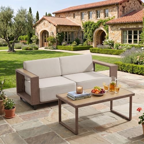 Bonzy Home 2 Piece Patio Furniture Set, Loveseat Sofa with and Rattan Side Table and Extra-Thick Soft Cushions, Wicker Rattan Loveseat Couch Outdoor Patio Furniture with for Porch, Balcony