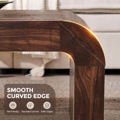 48" Modern Curved Coffee Table, Wood Minimalist Center Table, Brown