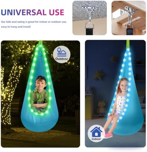 Light Up Kids Pod Swing, Indoor Outdoor Hammock Seat w/ LED Light,Blue
