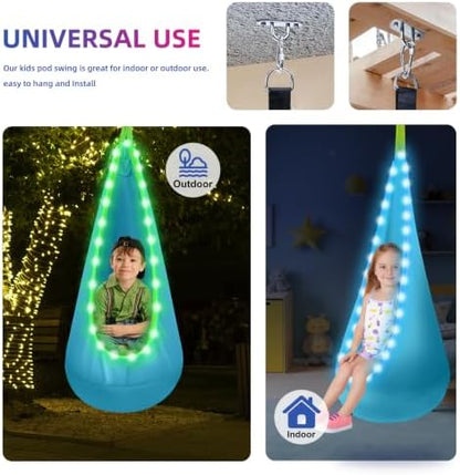 Light Up Kids Pod Swing, Indoor Outdoor Hammock Seat w/ LED Light,Blue