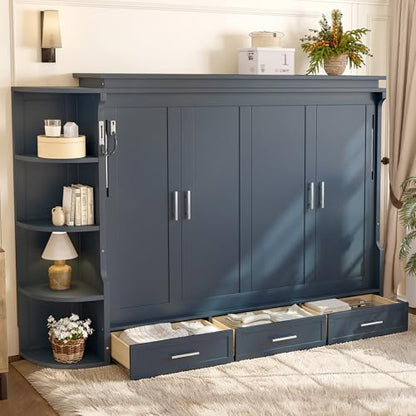 Bellemave Full Murphy Bed with Shelf, Cabinet Bed Frame with Side Cabinets, Murphy Cabinet with Drawers, Noisy Free, for Guest Bedroom, Living Room, Blue