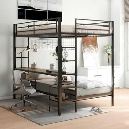 Bellemave Full Over Twin bunk Bed with Desk, loft Bed with Desk and Shelves, Full Over Twin Metal Bunk Beds with Charging Station, Black & Cinnamon Oak