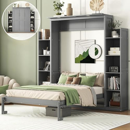 MERITLINE Full Murphy Bed with Storage Shelves and LED Lights, Wood Murphy Wall Bed Cabinet with Bookshelves Bookcase for Home Office Library Grey (Grey A,Full)