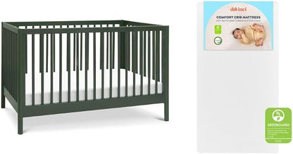 Davinci Birdie 3-in-1 Baby Crib & GREENGUARD Mattress Bundle - Forest Green | Low-Profile Crib Convertible to Toddler Bed & Daybed - Easy to Assemble - Includes Mattress w/ Removable Waterproof Cover