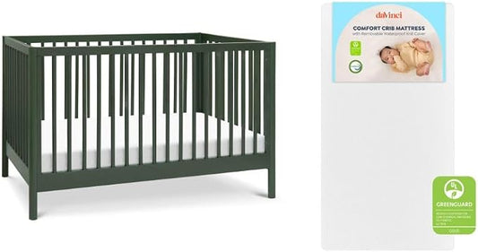 Davinci Birdie 3-in-1 Baby Crib & GREENGUARD Mattress Bundle - Forest Green | Low-Profile Crib Convertible to Toddler Bed & Daybed - Easy to Assemble - Includes Mattress w/ Removable Waterproof Cover