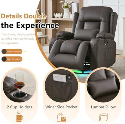 URRED Swivel Rocker Recliner Chair with LED Ambient Lights for Adults，Brown