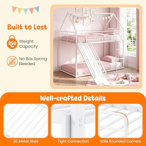 KOTEK Twin Over Twin House Bunk Bed with Slide, White