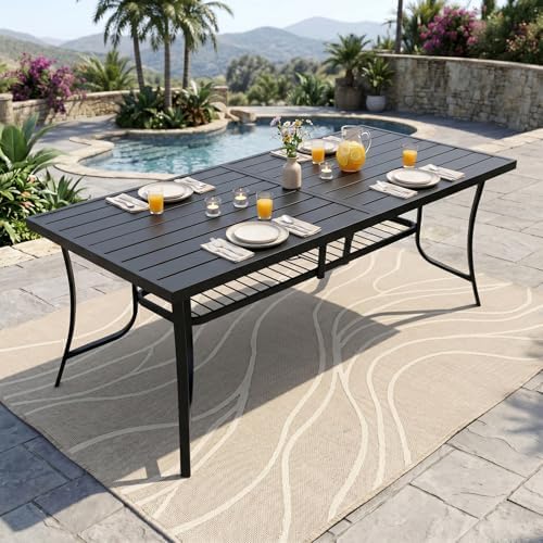 77" Extra Large Outdoor Metal Dining Table, Rectangular Wrought Iron Patio Table for 8 People, Weather-Resistant Steel Slatted Table with Umbrella Hole for Party & Backyard