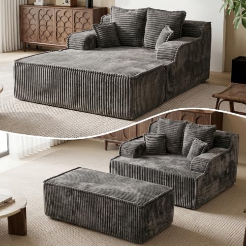 68" Oversized Chaise Lounge Chair Indoor, Corduroy Boneless Couch Sofa Bed, Cloud Lounge Chair Reading Chair with Pillow&Removed Ottoman, Deep Seat Sleeper Chair Bed for Living Room(Grey)