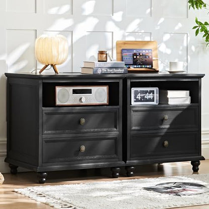 Joaxswe 24" Wide Farmhouse Nightstand Set of 2 with Charging Station,End Table with 2 Drawers,Black Wood Dresser for Bedroom Cabinet, Bed Side Table Chest of Drawers, Night Stand for Living Room