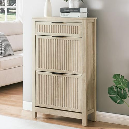 2-Flip Drawer Shoe Cabinet Narrow Entryway Rack, Oak