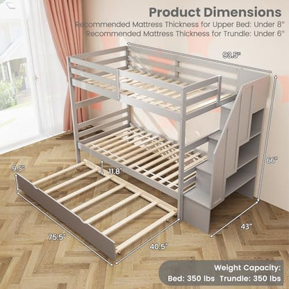 KOMFOTT Wood Twin Over Twin Bunk Bed with Trundle & Storage Stairs, Bunk Bed Frame with Protective Guardrails for Kids Room, Bedroom, Convertible to 2 Separated Beds, No Box Spring Needed (Grey)