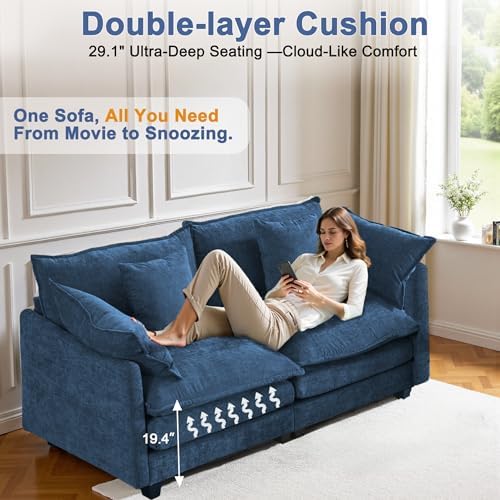 77" Cloud Chenille Sofa Set with Pillows, Deep Seat Loveseat Couch for Apartments, Space Saving 2-Seater with Solid Wood Frame, Easy Assembly (1YR Guarantee) Comfy, Blue