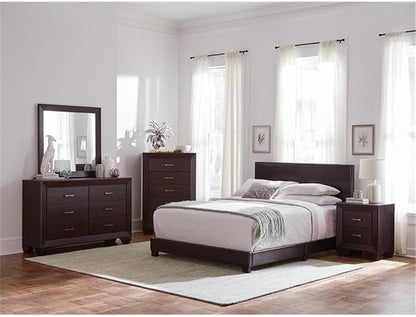 MAKLAINE 4-Piece Wood Eastern King Bedroom Set, Brown and Dark Cocoa Finish, Faux Leather Upholstered Bed, Mirror, Nightstand, Dresser, Mid-Century Modern Style Furniture for Bedroom Decor