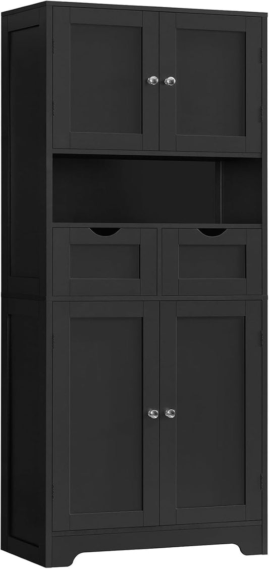 Iwell 57.8" H Tall Storage Cabinet with 2 Drawers & 2 Adjustable Shelves, Kitchen Cabinet with 4 Doors, Tall Cabinet for Living Room, Dining Room, Entryway, Black