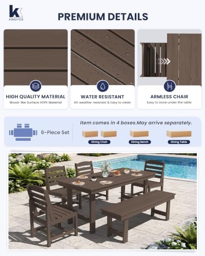 KINGYES 6-Piece Patio Dining Set,HDPE Table Bench and Armless Chairs Coffee