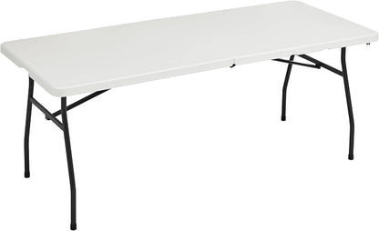 Amazon Basics Heavy Duty Portable Folding Table, 6 ft, Indoor & Outdoor, Fold-in-Half Design with Carrying Handle, White | Portable