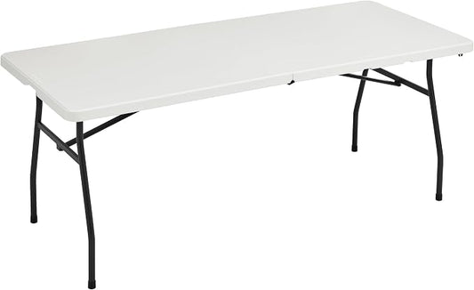 Amazon Basics Heavy Duty Portable Folding Table, 6 ft, Indoor & Outdoor, Fold-in-Half Design with Carrying Handle, White | Portable