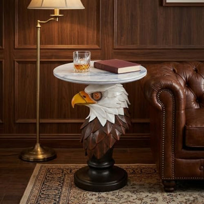 Large American Eagle Pedestal Table - 25.59" Tall Majestic Bald Eagle End Table with Wide 19.69" Faux Marble Top, Premium Resin Statue Decor or Office Centerpiece, 26.46 LBS