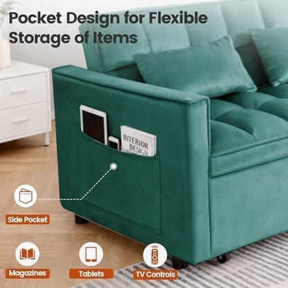 3 in 1 Convertible Sofa Bed, Velvet Fabric Loveseat Sleeper Sofa with Side Pockets, Pull Out Couch with Adjustable Backrest for Living Room, Small Spaces, Bedroom, Apartment, Green