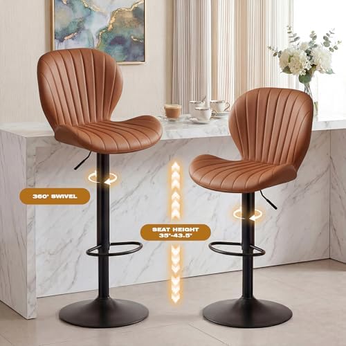 Bar Stools Set of 4, Modern Swivel Adjustable Bar Chairs, Faux Leather Upholstered Counter Height Bar Stools with Backrest, Comfort Barstools for Kitchen Island, Home Bar, Brown