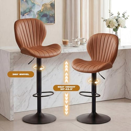 Bar Stools Set of 4, Modern Swivel Adjustable Bar Chairs, Faux Leather Upholstered Counter Height Bar Stools with Backrest, Comfort Barstools for Kitchen Island, Home Bar, Brown
