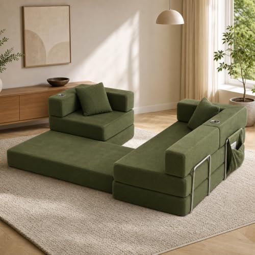 108" Modular Sectional Sofa Bed, L-Shaped Boneless Couch, Green