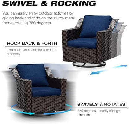 Joyside Wicker Patio Furniture Sets, 5 Pieces Upgraded Large Size Outdoor Furniture with Swivel Rocking Patio Chairs, Outdoor Ottoman and Side Table, Thick Cushions, Wide Armrest
