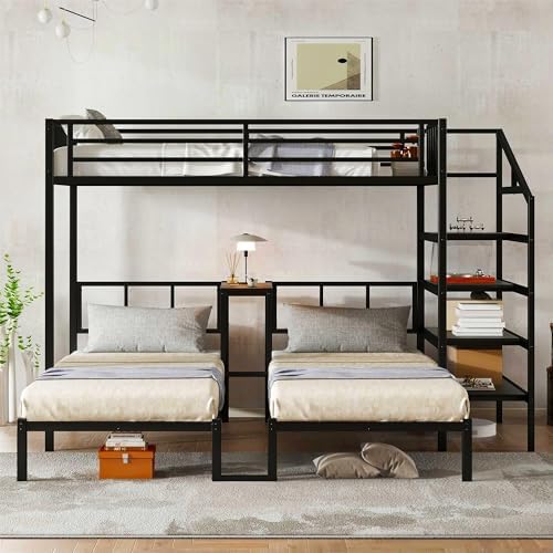 RUNNA Twin XL Over Twin & Twin Triple Bunk Bed with Desk & Shelves, Heavy-Duty Metal Frame, Space-Saving Design for Kids/Teens/Guests