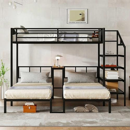 RUNNA Twin XL Over Twin & Twin Triple Bunk Bed with Desk & Shelves, Heavy-Duty Metal Frame, Space-Saving Design for Kids/Teens/Guests