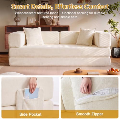 79" Futon Sleeper Sofa Bed, Boneless Couch for Living Room，White