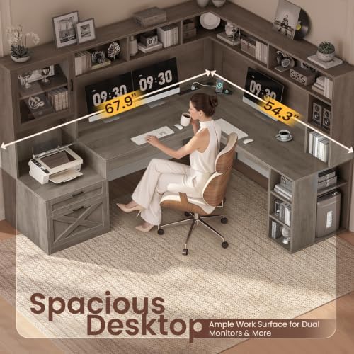 SEDETA 68" Farmhouse L Shaped Office Desk with Hutch, Storage Drawers