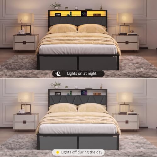 Queen Bed Frame with Storage Drawers & LED Lights, Metal Platform Bed with Charging Station and Upholstered Headboard, 2-Tier Storage Shelf, Noise Free, No Box Spring Needed