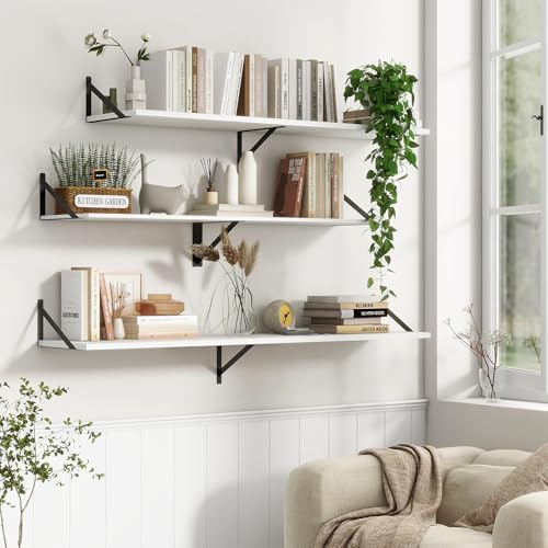 12 Inch Deep Floating Shelves, 30W x 12D Wall Shelves with Brackets, White Floating Shelves 30 Inch Long, Rustic Wood Wall Shelf, Wide Storage Display Shelf for Kitchek, Living Room, Bathroom