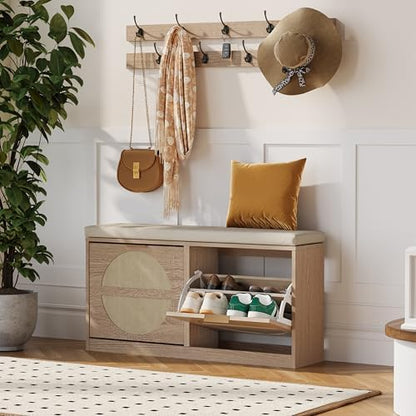 Rattan Shoe Storage Bench with 2 Coat Racks & Padded Cushion