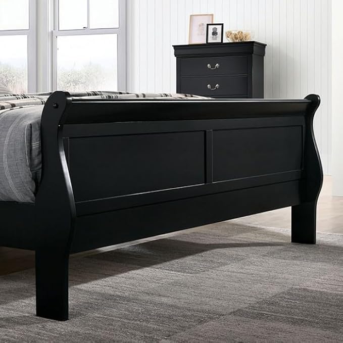 First of a Kind Louis Philippe Traditional Queen Size Bedroom Set 4 Piece Sleigh Design in Black Finish - Solid Wood Frame Elegant Classic Bedroom Furniture Set