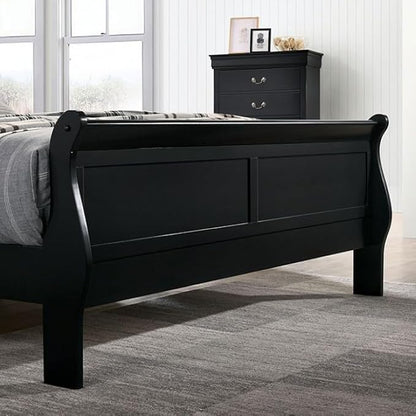 First of a Kind Louis Philippe Traditional Queen Size Bedroom Set 5 Piece Sleigh Design in Black Finish - Solid Wood Frame Elegant Classic Bedroom Furniture Set
