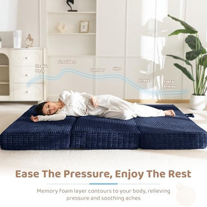BYBYME Corduroy Memory Foam Tri-Folding Mattress, 6 Inch Gel Folding Mattress Topper, Foldable Soft Guest Bed Camping Pad, with Washable Cover (Navy, Queen)