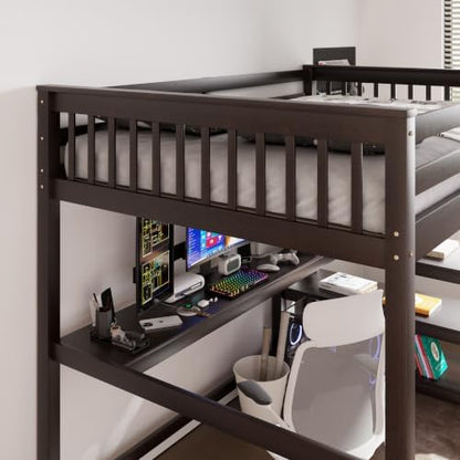 Merax Wood Loft Bed, Loft Bed with Storage Shelves and Under-Bed Desk Solid Wood Bed,Full Size, Espresso Color
