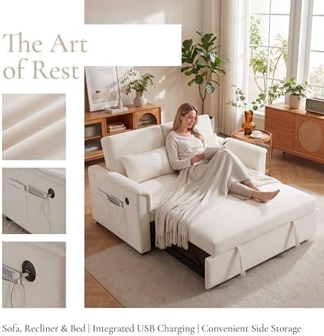 Convertible Sleeper Sofa Bed with USB Port & Side Pockets, White