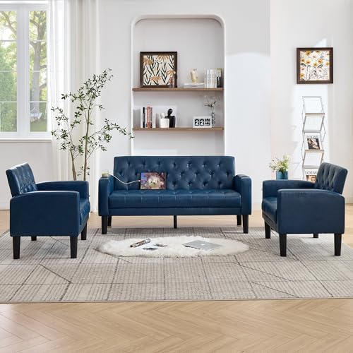 62'' Blue Leather Loveseat Sofa Set with Chairs, 3-Piece Living Room Sets