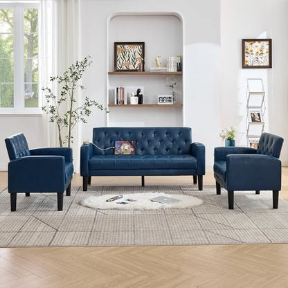 62'' Blue Leather Loveseat Sofa Set with Chairs, 3-Piece Living Room Sets